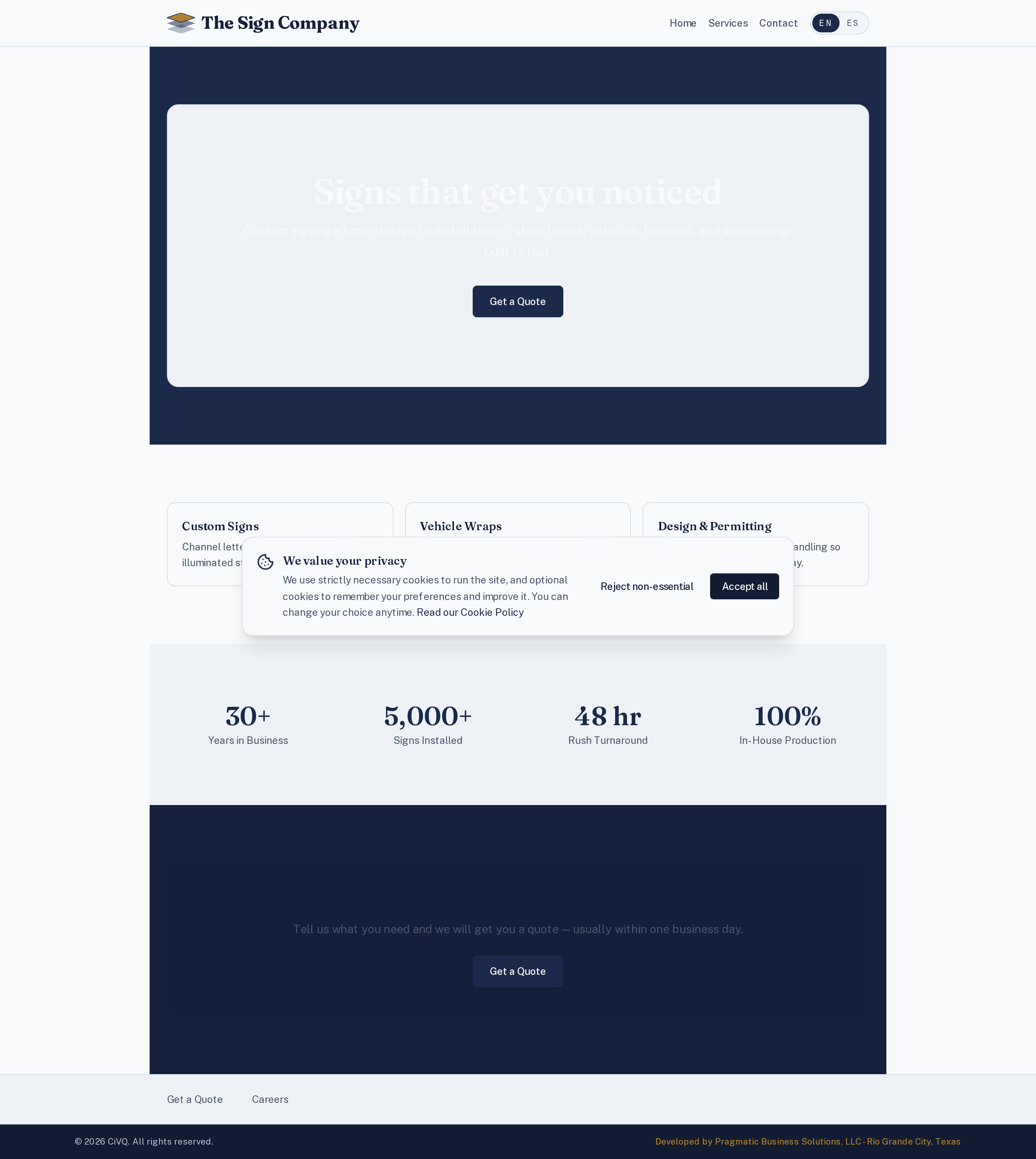 A tenant's public homepage (demo tenant “The Sign Company”). Each entity themes its own site.