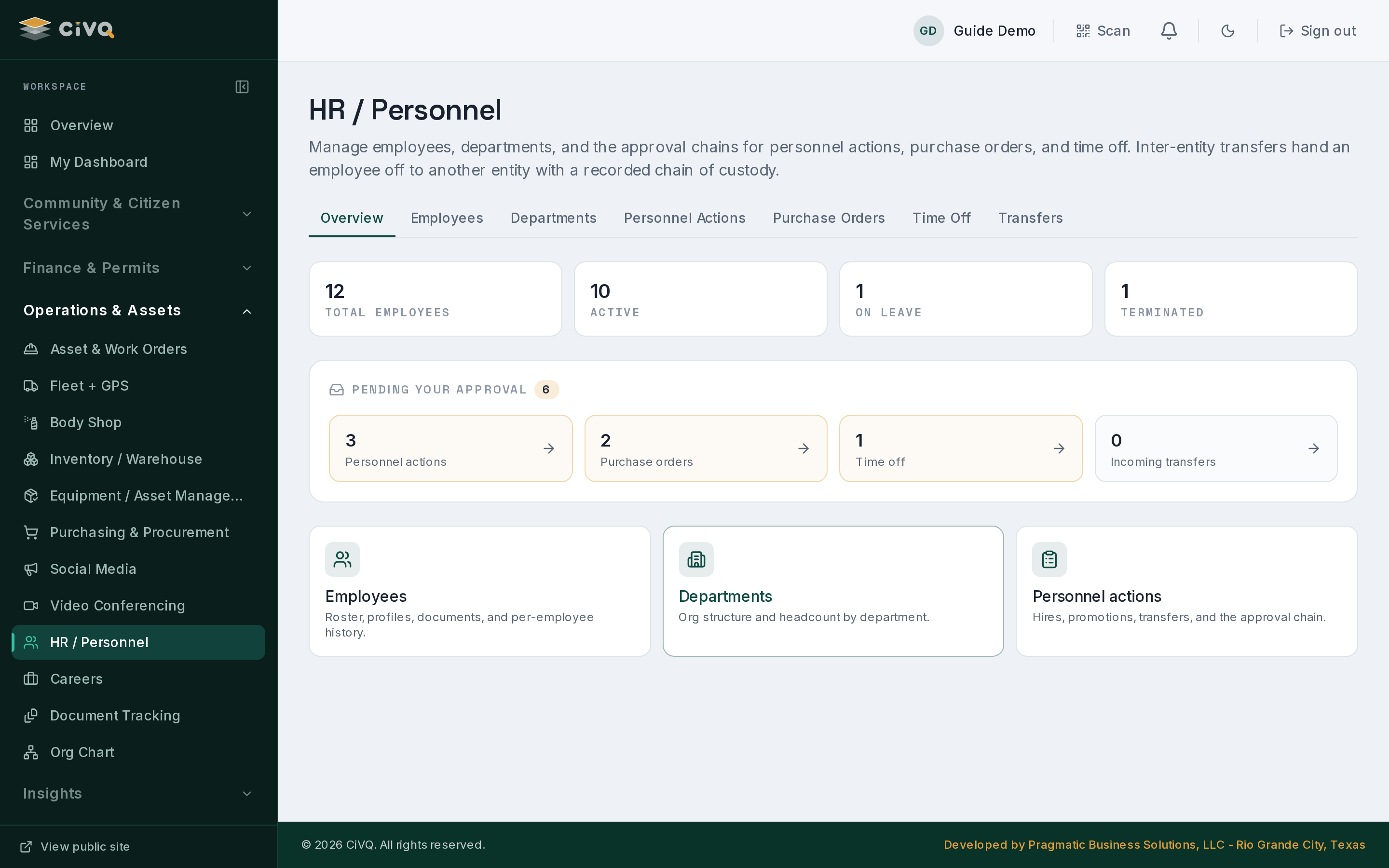 HR / Personnel — headcount tiles, a pending-approval inbox, and quick links into employees, departments, and personnel actions.