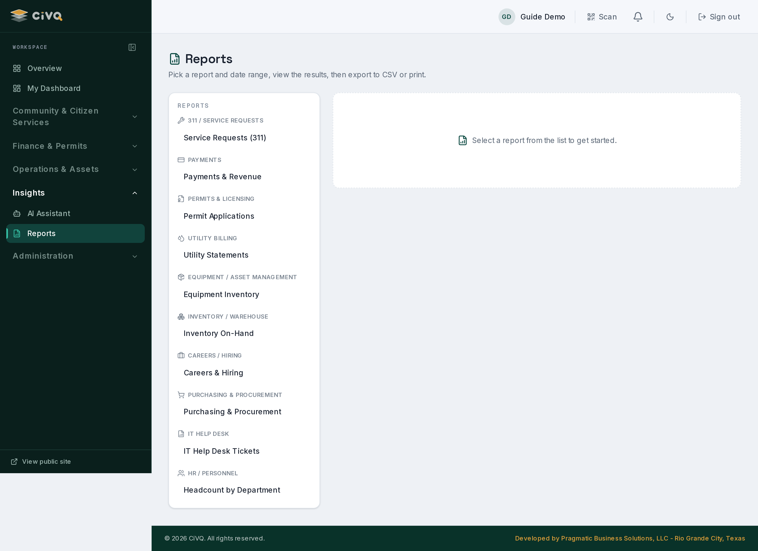 Reports roll up activity across modules for leadership and audits.