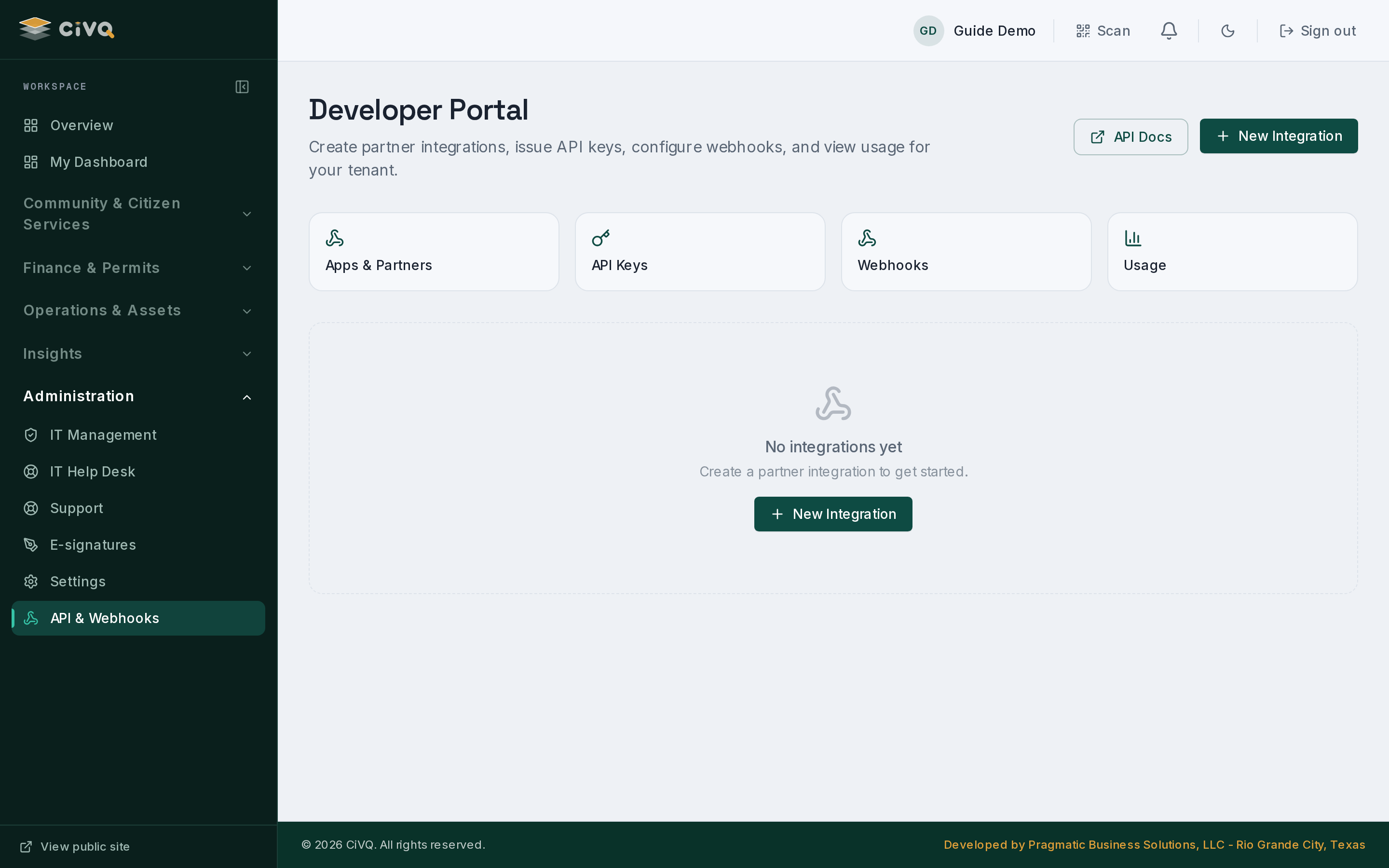 Developer portal — a tenant creates apps, issues/rotates API keys, sets webhook endpoints, and watches usage.
